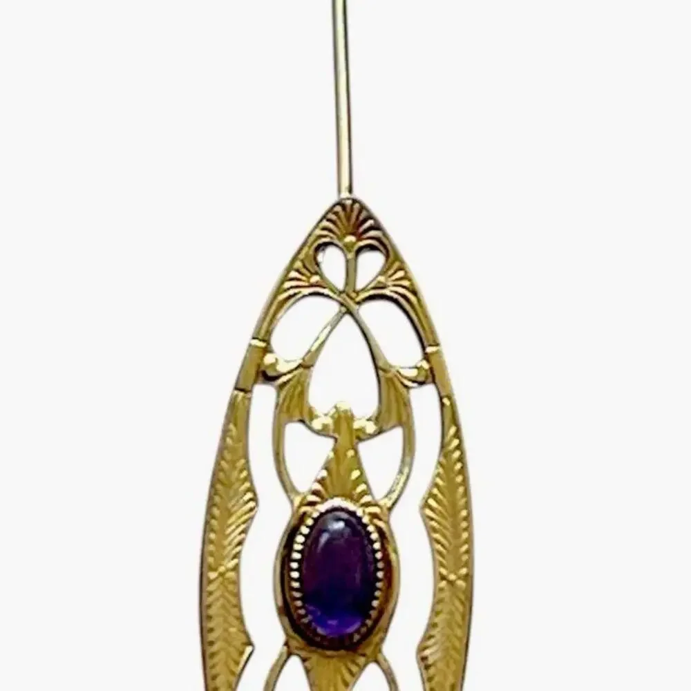 Antique Art Deco 14K 1/20 GF Ornate Mini Bar Brooch Pin+ Paste Amethyst 1.5x.5 - Picture 5 of 9